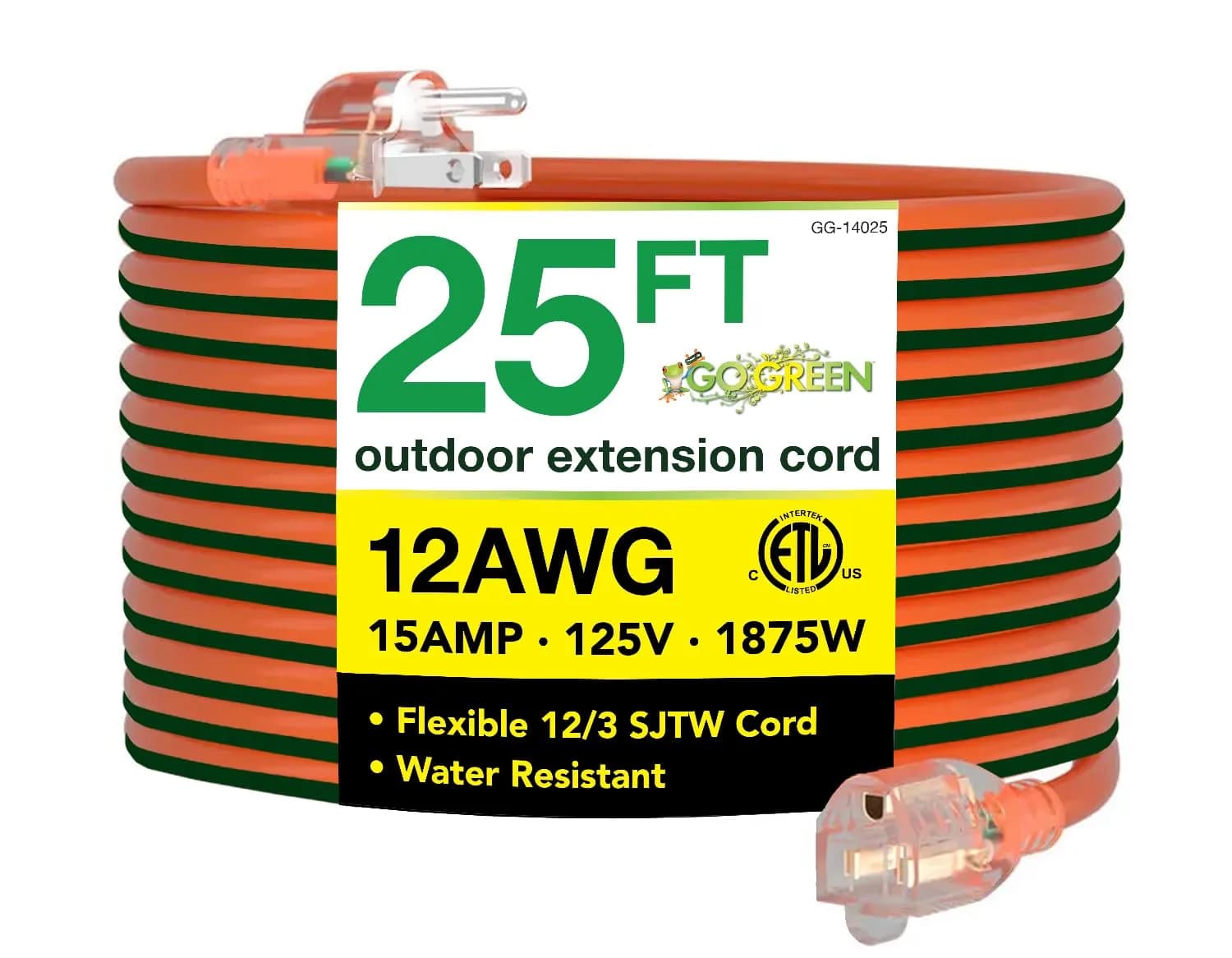 GoGreen Power GG-13725 25 ft (7.62 m) Outdoor Extension Cord with Lighted End | Heavy Duty Contractor Grade 16/3 SJTW — 25 ft / 12/3