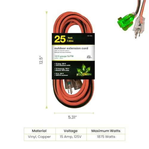 GoGreen Power GG-14025 7.62 m (25 ft) Contractor Grade SJTW Outdoor Extension Cord with Lighted End | Heavy Duty 15 Amp, 125 Volt thumbnail 2
