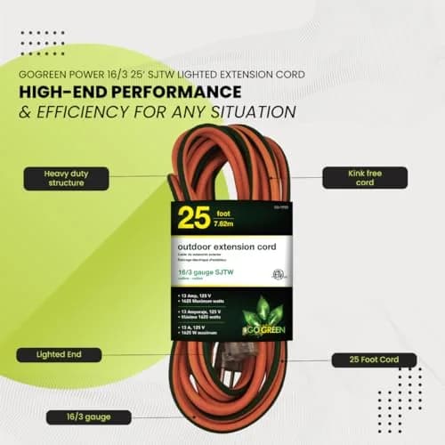 GoGreen Power GG-13725 25 ft (7.62 m) Outdoor Extension Cord with Lighted End | Heavy Duty Contractor Grade 16/3 SJTW thumbnail 5