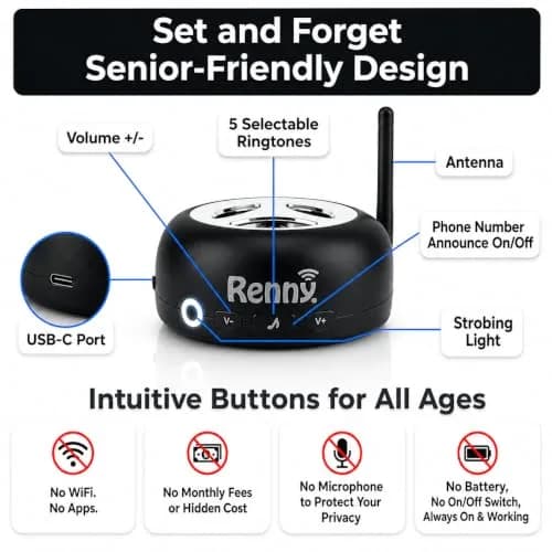 RENNY Loud Cell Phone Ringer Amplifier & LED Flasher 117 dB Bluetooth | Bright Flashing Light & Loud Ringtone for Calls thumbnail 6
