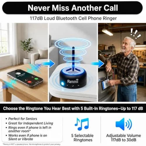 RENNY Loud Cell Phone Ringer Amplifier & LED Flasher 117 dB Bluetooth | Bright Flashing Light & Loud Ringtone for Calls thumbnail 2