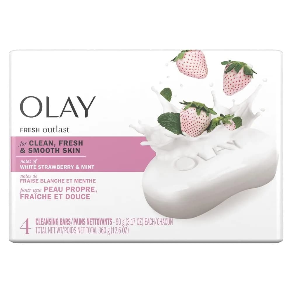 Olay Fresh Outlast Cooling White Strawberry & Mint Bar Soap 4-Pack | Hydrates Skin with 10x More Moisturizers — 12.69 Fl Oz
