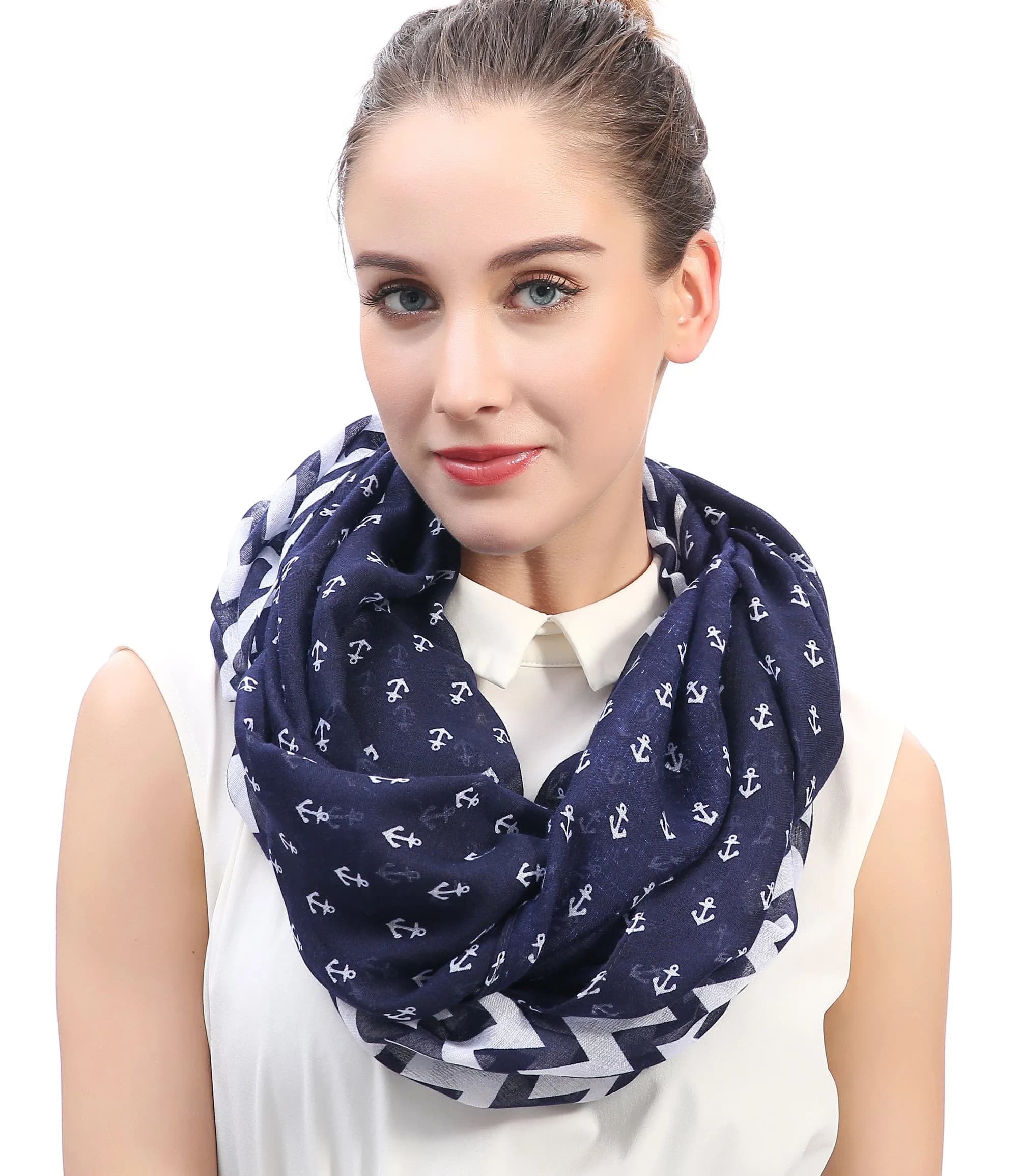 Lina & Lily Nautical Anchor Print Women's Infinity Scarf Lightweight (Navy Blue with Anchor Chevron Design) | All-Season Fashion Accessory