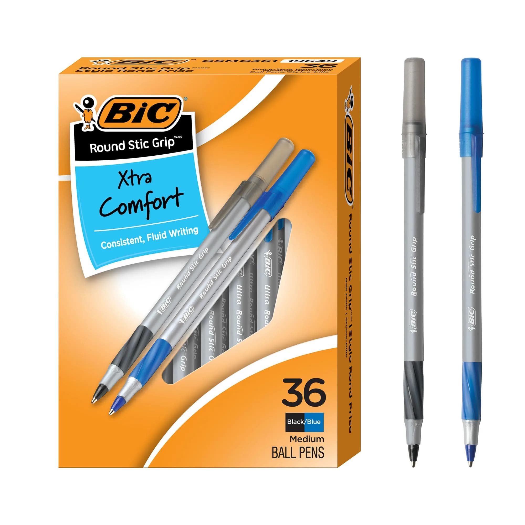 BIC Round Stic Grip Xtra Comfort Ballpoint Pens, Black and Blue Ink, 36-Count | Smooth Ink Flow — Black and Blue