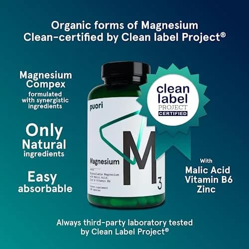 Puori M3 Magnesium Complex Supplement for Men & Women - 240 Vegan Capsules | Supports Energy & Muscle Function thumbnail 2