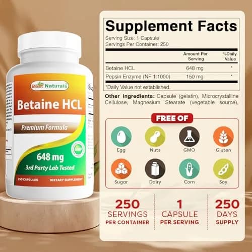 Best Naturals Betaine HCL 648 mg 250 Capsules | Digestive Health Support thumbnail 2