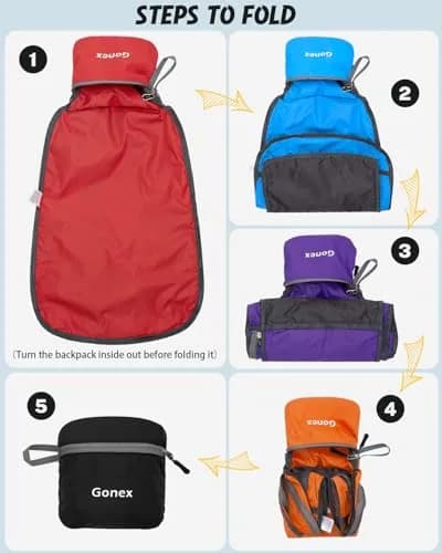 Gonex Packable Daypack Backpack 20L Lightweight Foldable Travel Bag | Water & Tear Resistant Nylon, Compact & Unfold Size 44x30x15cm thumbnail 2