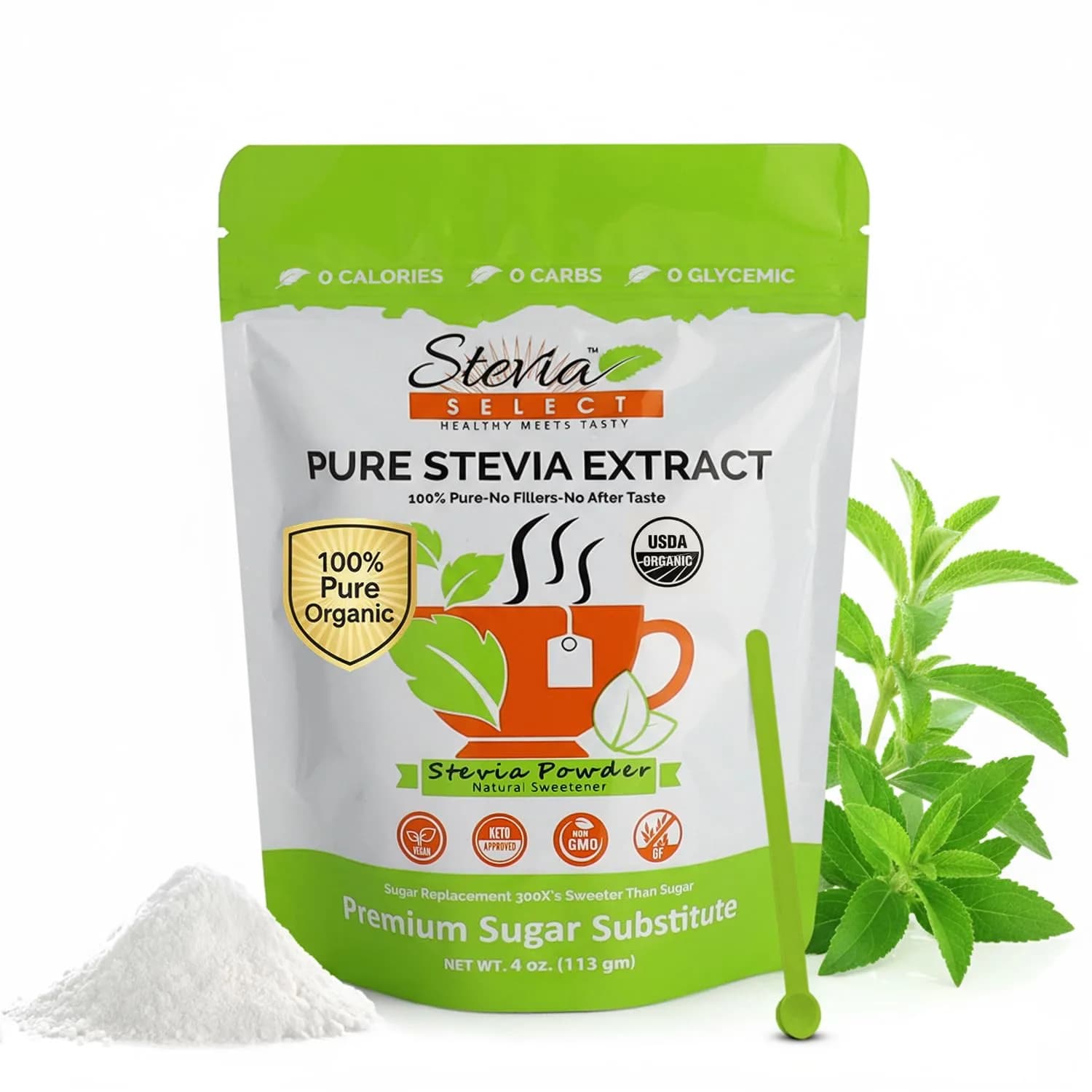 Stevia Select Organic Stevia Powder Sugar Free Plant Based Stevia Sweetener 454g (16 Oz) | Pure Stevia Extract No Additives Zero Calorie — Stevia Powder / 4 Ounces