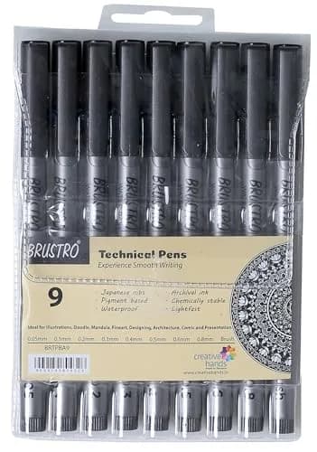 BRUSTRO Technical Pen (Pack Of 9) 0.9mm | Fine, Waterproof Ink for Art & Design thumbnail 1