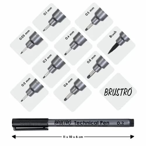 BRUSTRO Technical Pen (Pack Of 9) 0.9mm | Fine, Waterproof Ink for Art & Design thumbnail 4