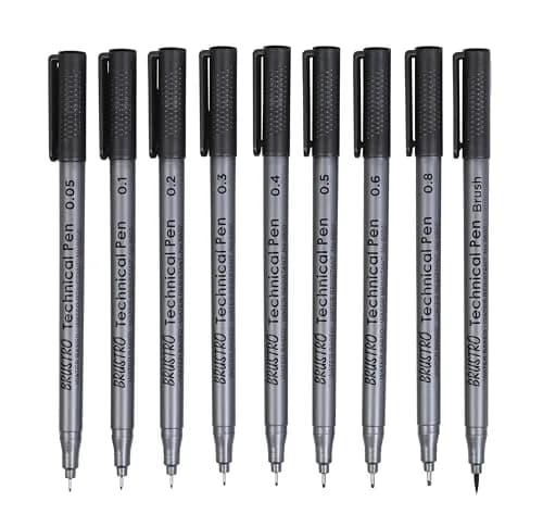 BRUSTRO Technical Pen (Pack Of 9) 0.9mm | Fine, Waterproof Ink for Art & Design thumbnail 2
