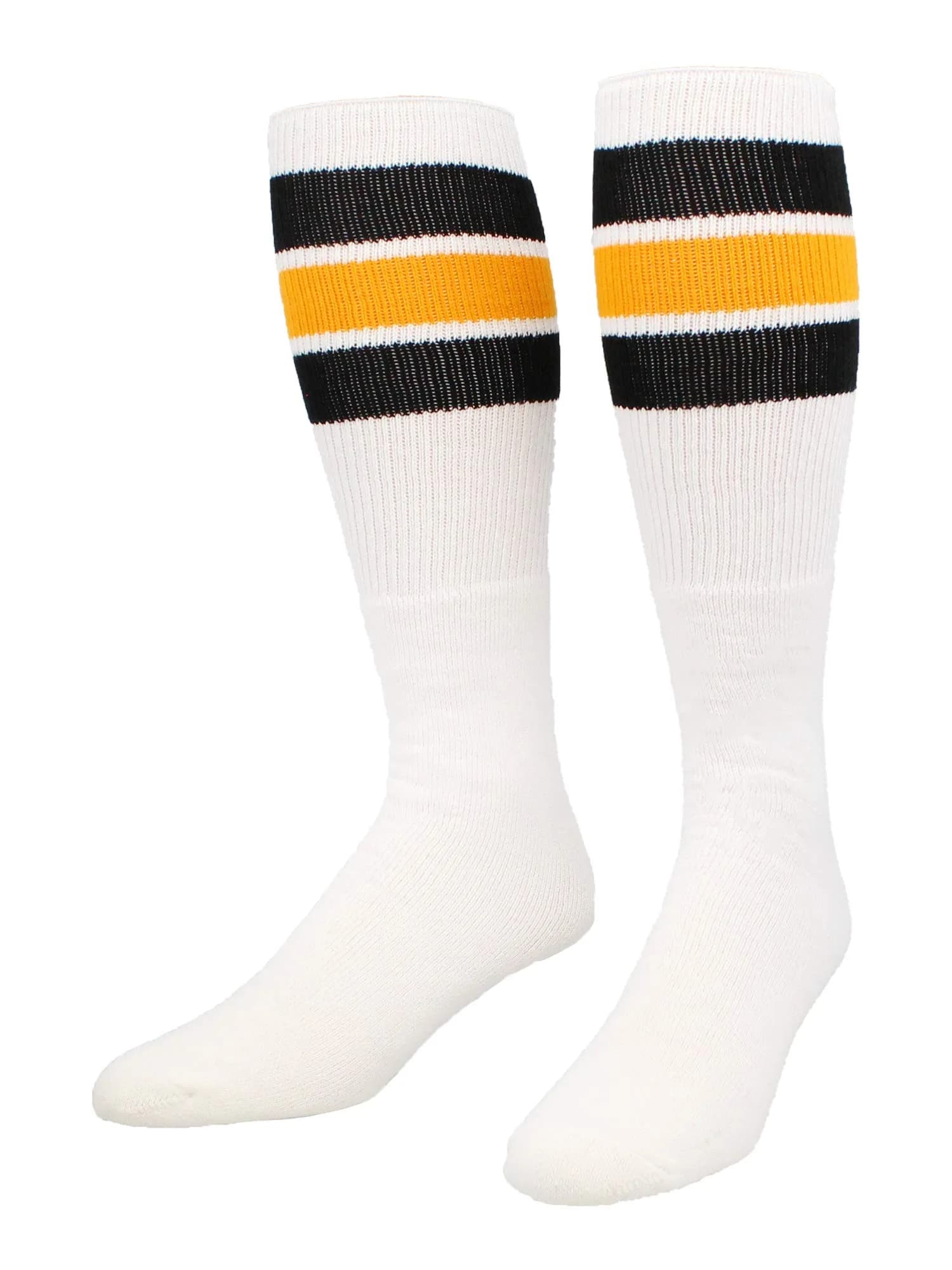 TCK Retro 3 Stripe Tube Socks (Black/Gold, Large) Classic 70's Style Athletic Socks for Men & Women - main product image