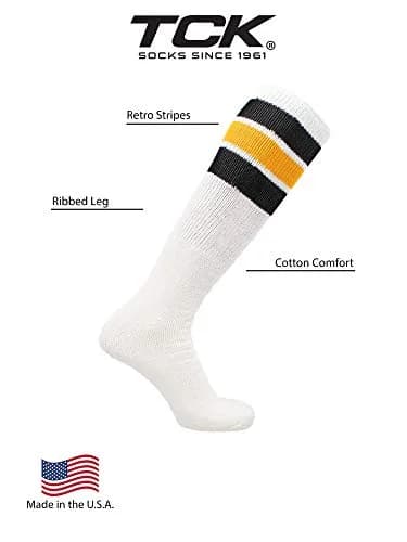 TCK Retro 3 Stripe Tube Socks (Black/Gold, Large) Classic 70's Style Athletic Socks for Men & Women thumbnail 4
