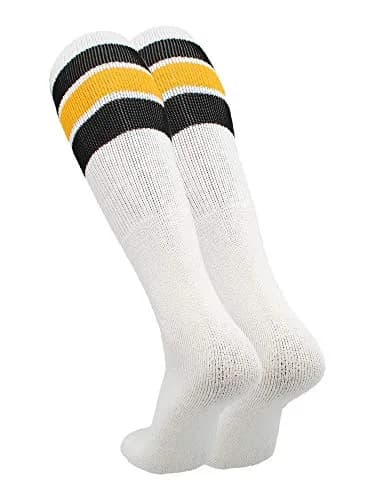 TCK Retro 3 Stripe Tube Socks (Black/Gold, Large) Classic 70's Style Athletic Socks for Men & Women thumbnail 2