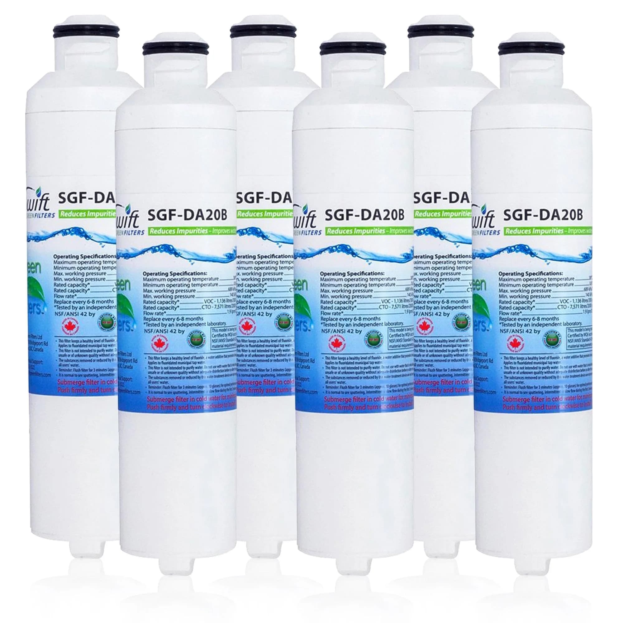 Swift Green Filters SGF-DA20B Refrigerator Water Filter 6 Pack | NSF Certified Coconut Carbon Filtration
