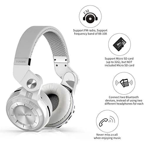 Bluedio T2 Plus Turbine Wireless Bluetooth Headphones with Mic/Micro SD Card Slot/FM Radio (White) | Over Ear, Foldable, 40hrs BT thumbnail 3