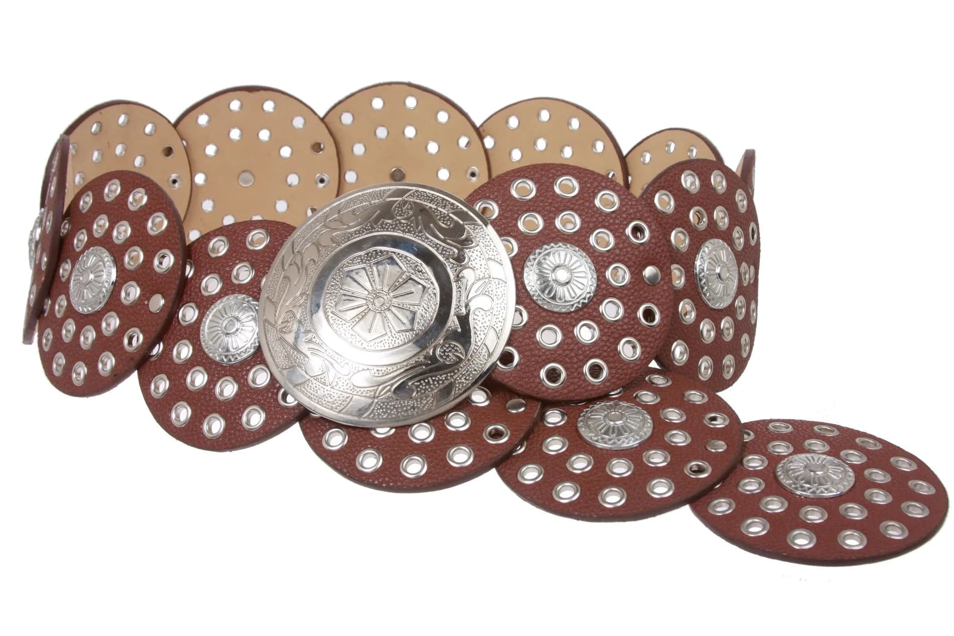 Beltiscool Women's 3 1/2" (90 mm) Wide Boho Disc Concho Leather Belt, Tan | Stylish Cowgirl Accessory - main product image