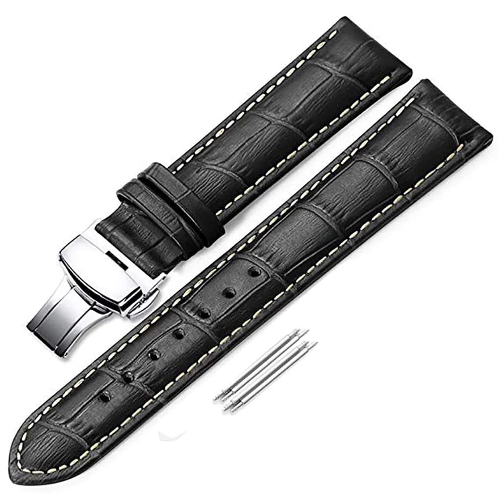 iStrap Leather Watch band -Alligator Grain Embossed Pattern Calfskin Replacement Strap-20mm | Classic Elegance for Men & Women — Black/Tan Stitch-Silver / 18mm-Std