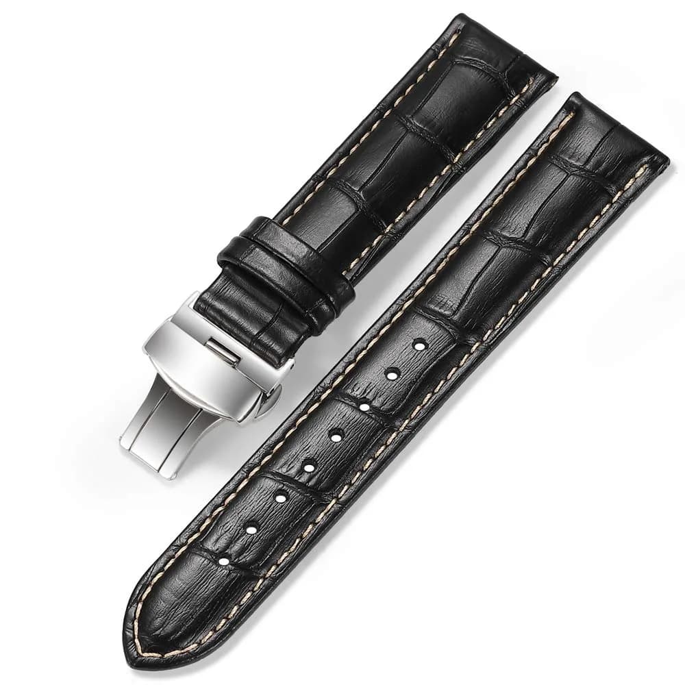 iStrap Leather Watch band -Alligator Grain Embossed Pattern Calfskin Replacement Strap-20mm | Classic Elegance for Men & Women — Black/Tan Stitch-Silver