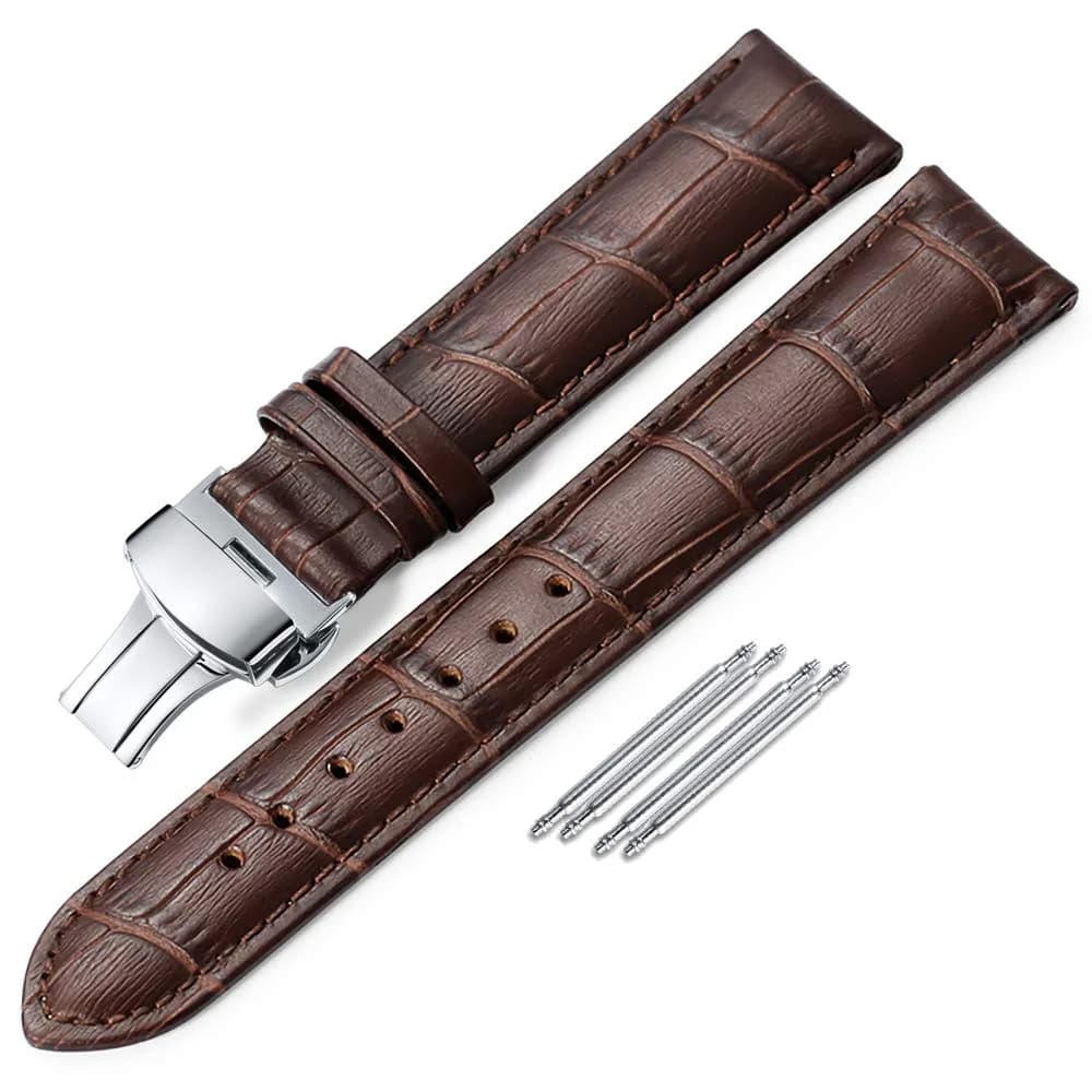 iStrap 20mm Leather Watch Band with Deployment Clasp | Classic Alligator Grain Calfskin Strap — Brown-Silver / 22mm-Std