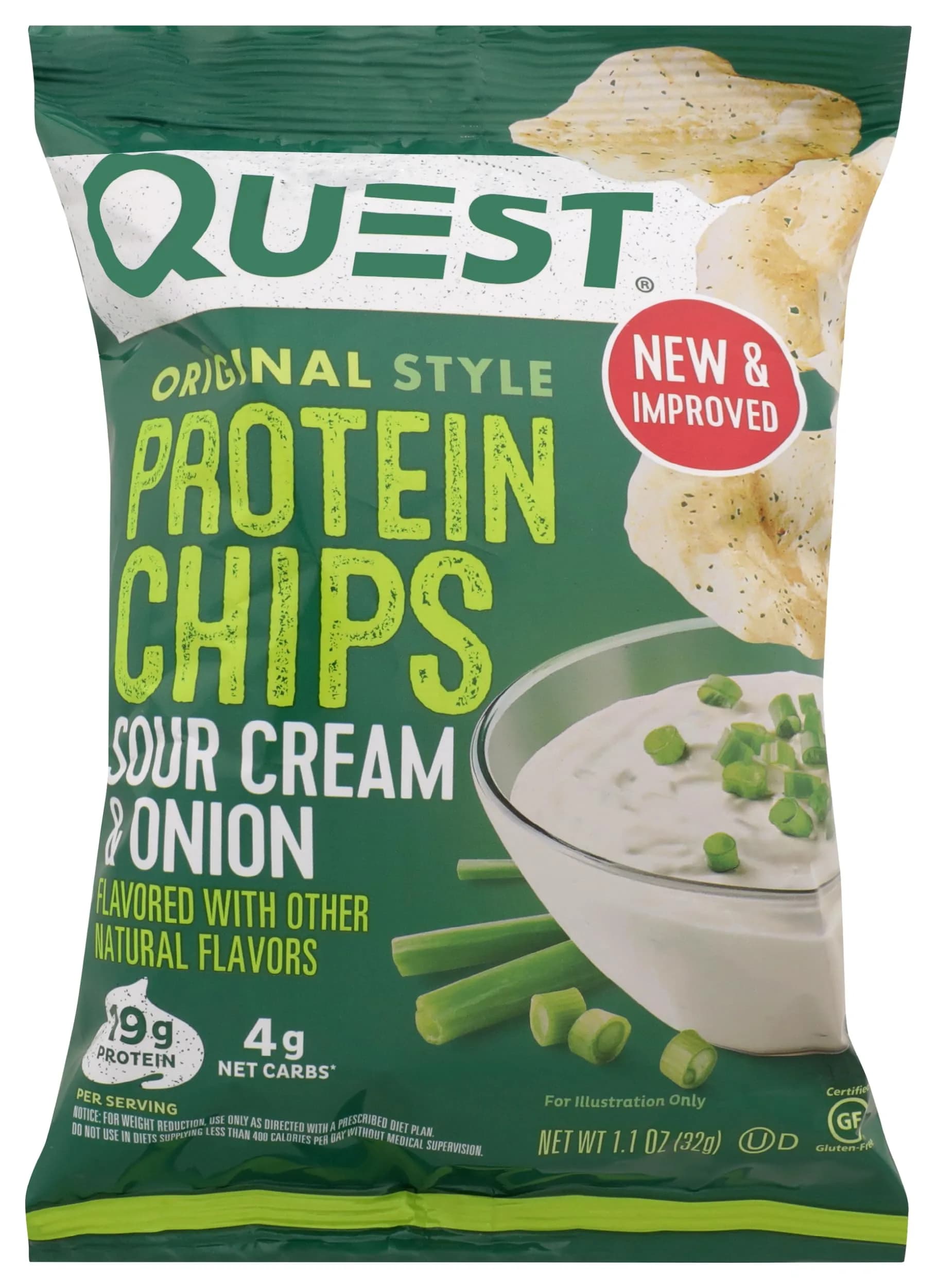 Quest Nutrition Cheddar & Sour Cream Protein Chips 1.1 oz (31g) Bags, 19g Protein, 4g Net Carbs | Gluten-Free Baked Snack — Sour Cream & Onion