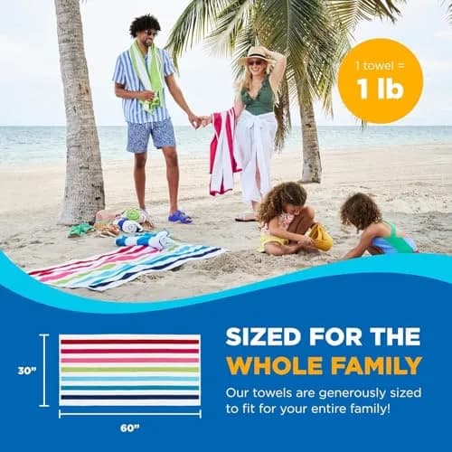 BEN KAUFMAN SALES CO Oversized Striped Cotton Beach & Pool Towels 6 Pack | Soft, Absorbent & Quick-Drying thumbnail 5