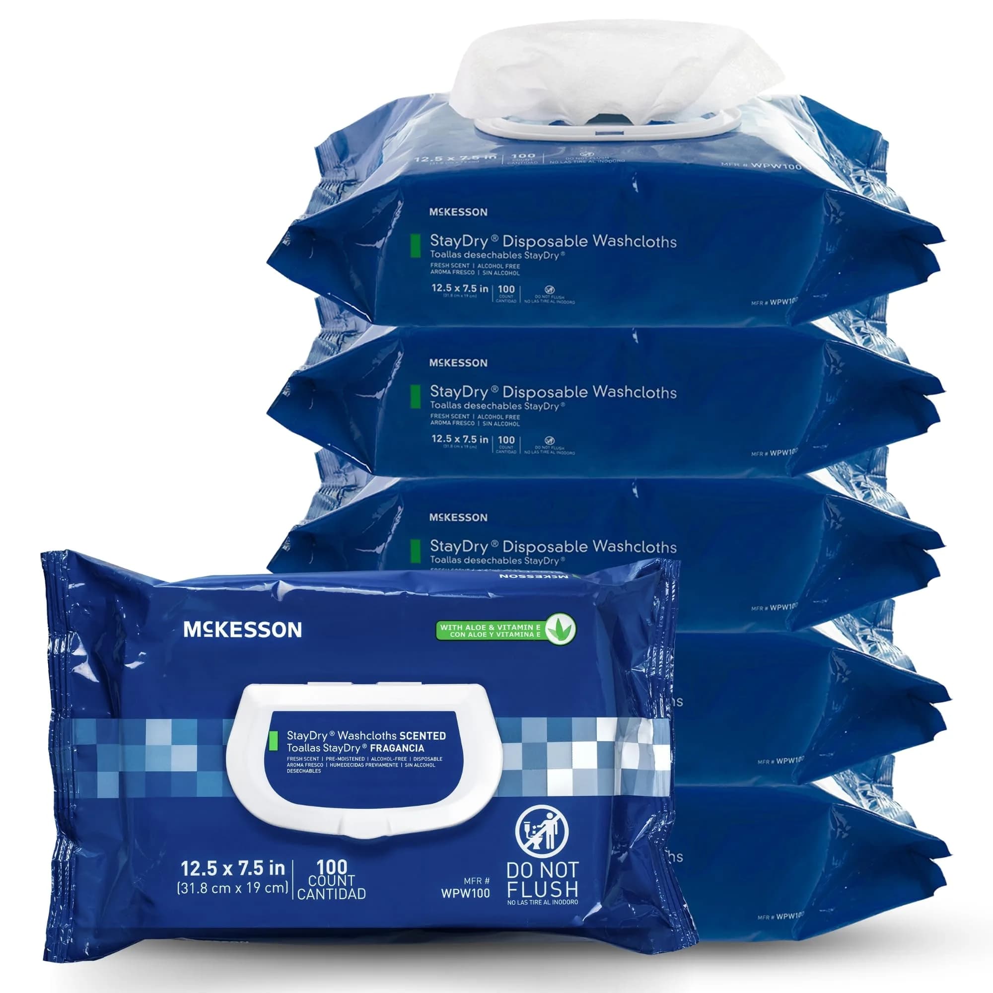 McKesson Staydry Disposable Washcloths with Aloe 100 Count | Pre-moistened, Aloe, Soft Pack, White