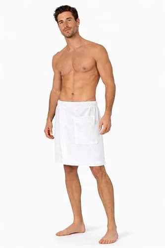 Turkish Linen Adjustable Body Wrap Towel for Men (White, One Size) | Absorbent & Comfortable thumbnail 2
