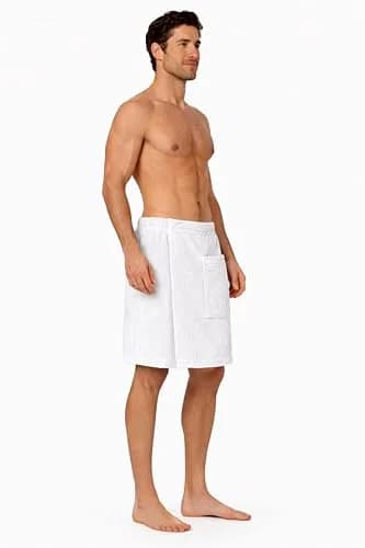 Turkish Linen Adjustable Body Wrap Towel for Men (White, One Size) | Absorbent & Comfortable thumbnail 3