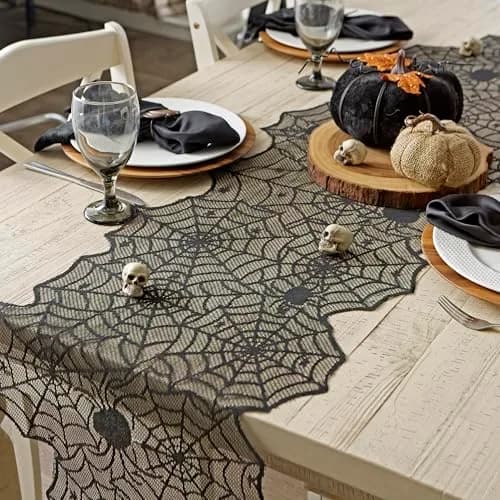 DII Black Lace Overlay Tabletop Collection Gothic Halloween Decor 18x72 | Spider Web thumbnail 4
