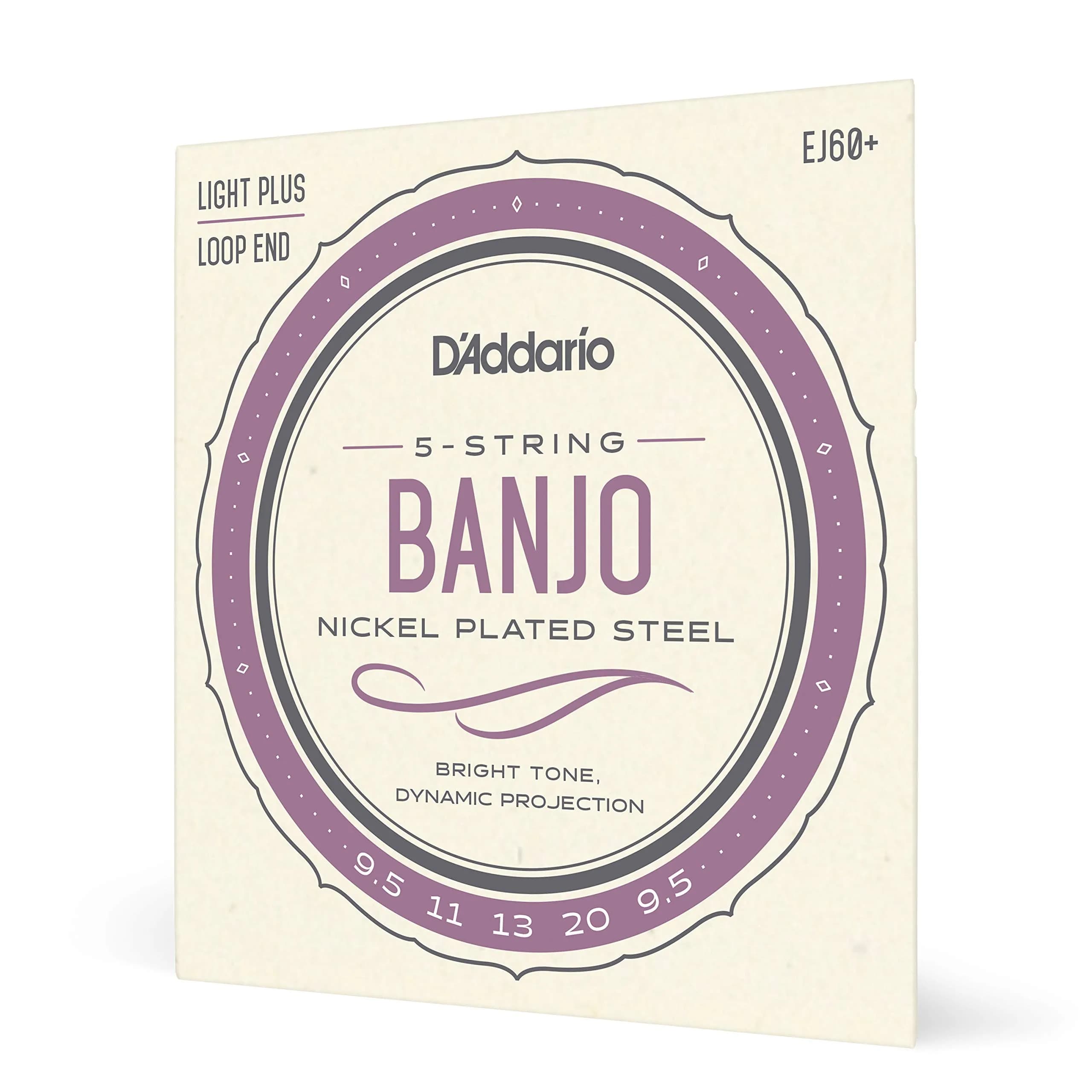 D'Addario EJ60+ Banjo Strings, Nickel-Plated Steel, Light Plus Gauge 9.5-20, 5-String Set (1 Set)