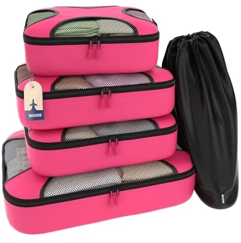 Shacke 5 Set Packing Cubes for Travel with Laundry Bag (Precious Pink) | Water-Resistant Nylon, 4 Deep Cubes, Laundry Separator thumbnail 1