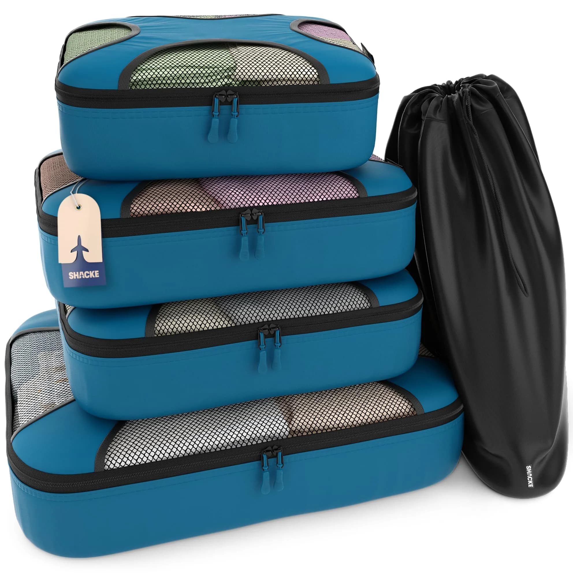 Shacke 5 Set Packing Cubes for Travel with Laundry Bag (Gentlemen's Blue) | Water-Resistant Nylon, 4 Deep Cubes, Laundry Separator - main product image