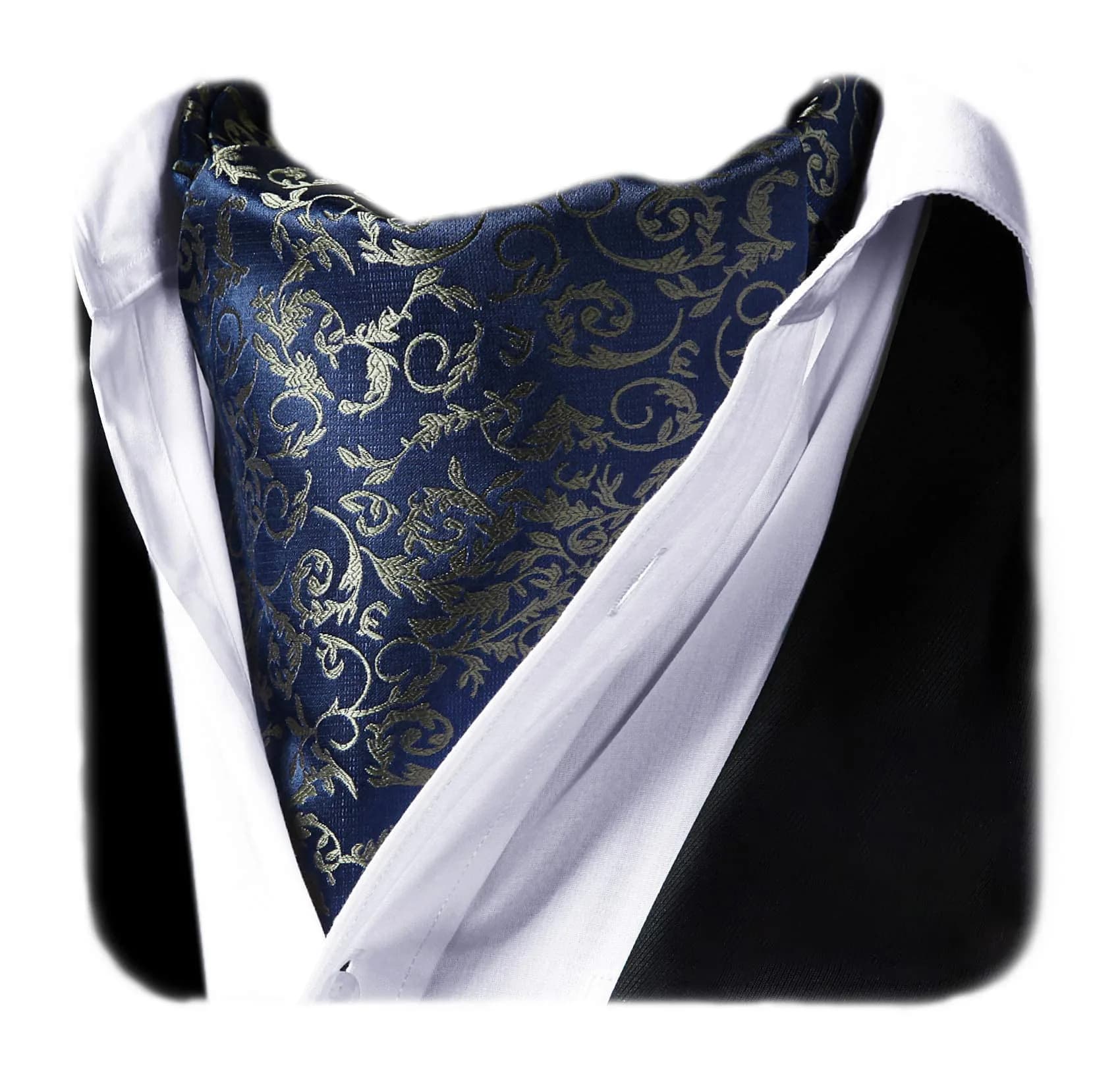 HISDERN Ascot Tie & Pocket Square Set 126cm (49.6") | Jacquard Woven Floral Paisley Polka Dot — Navy Blue & Tan