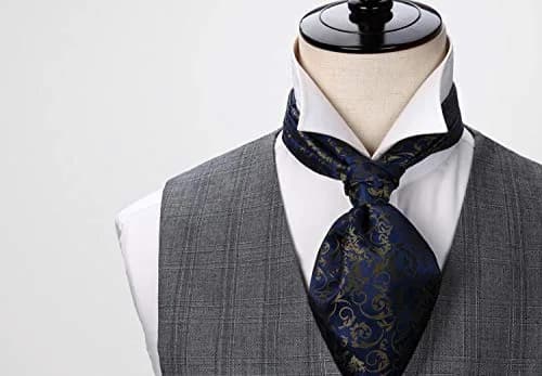 HISDERN Men's Floral Jacquard Woven Ascot Tie Set Navy Blue/Brown | 126cm (49.6") with Pocket Square thumbnail 4