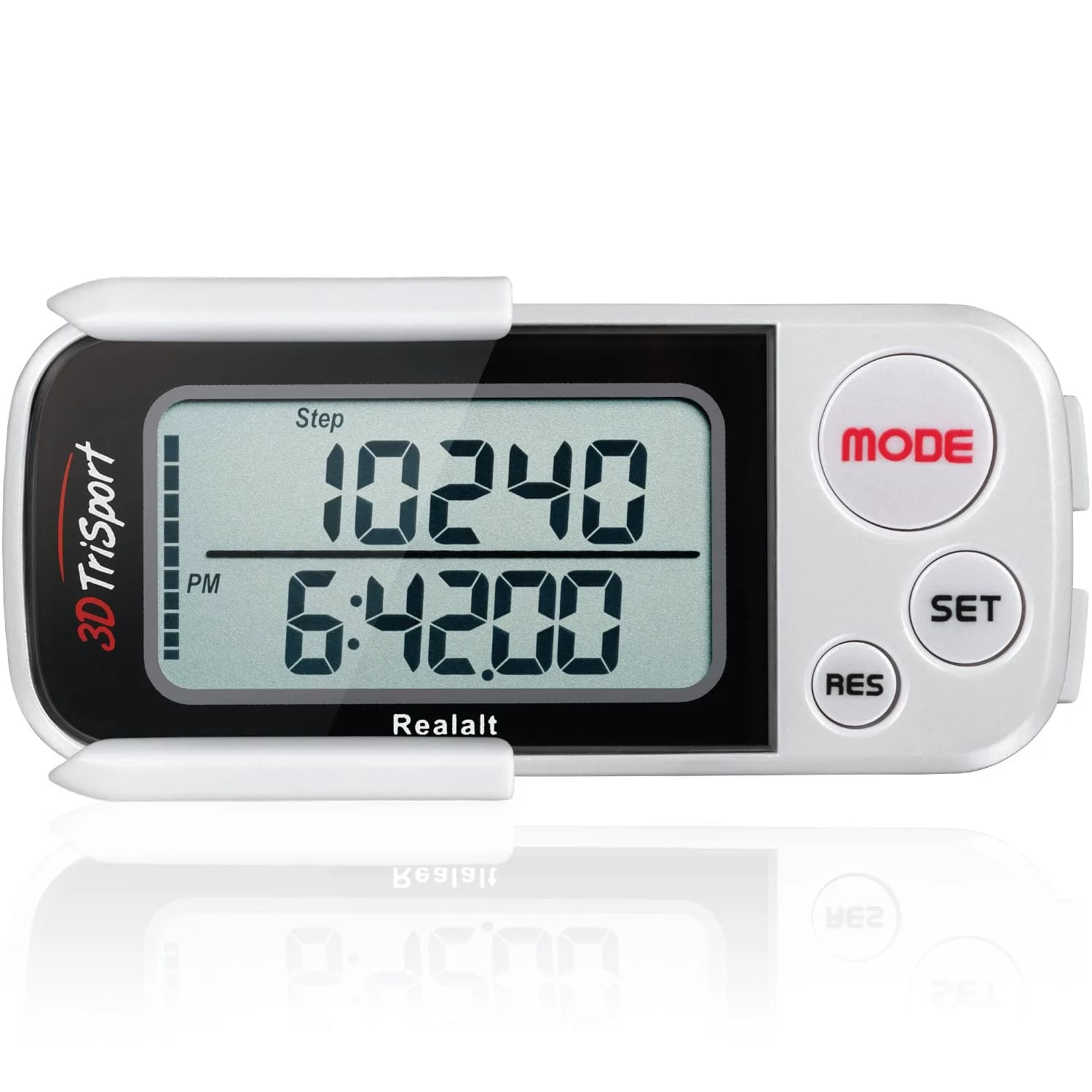 Realalt 3DTriSport 3D Pedometer White | Accurate Step Counter with 30-Day Memory, Distance in KM/Miles, Large Display