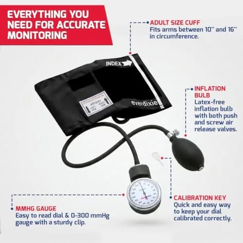 Dixie EMS Deluxe Aneroid Sphygmomanometer Blood Pressure Set with Adult Cuff, Carrying Case & Calibration Tool - Black | Professional Grade Manual BP Monitor thumbnail 3