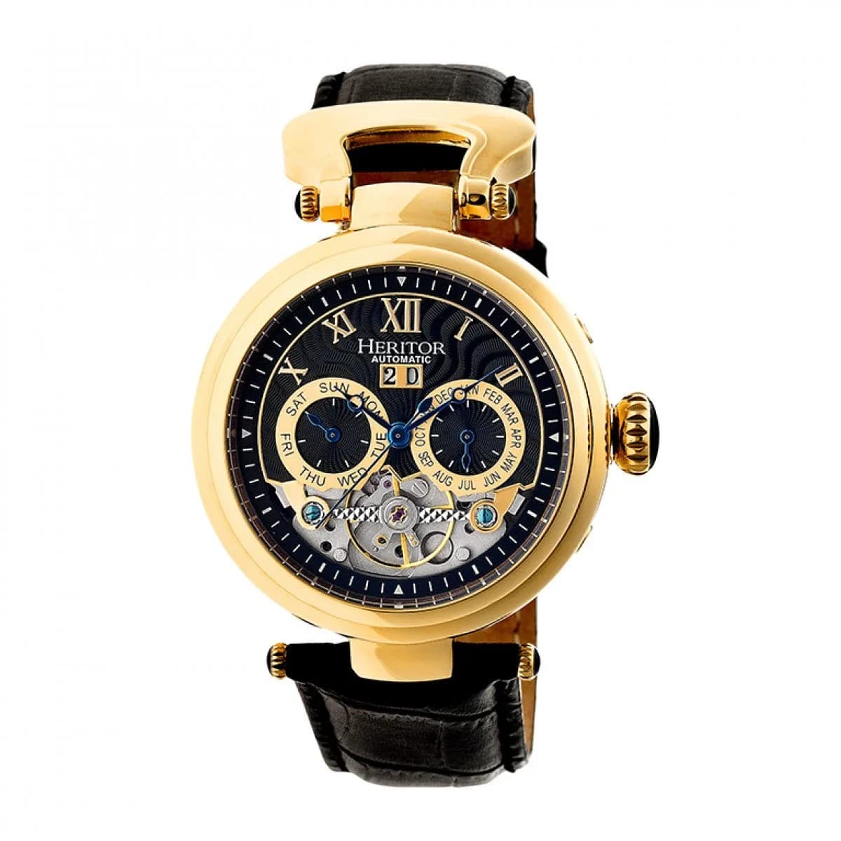 HERITOR Ganzi Automatic Watch for Men – 44mm Semi-Skeleton, 35-Jewel Movement, Sapphire Crystal, Leather Strap, Gold/Black
