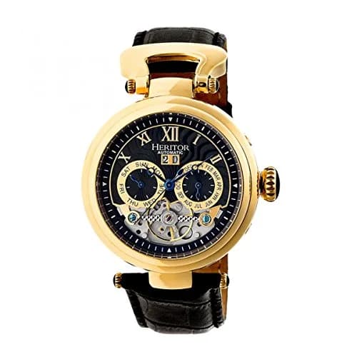 HERITOR Ganzi Automatic Watch for Men – 44mm Semi-Skeleton, 35-Jewel Movement, Sapphire Crystal, Leather Strap, Gold/Black thumbnail 1