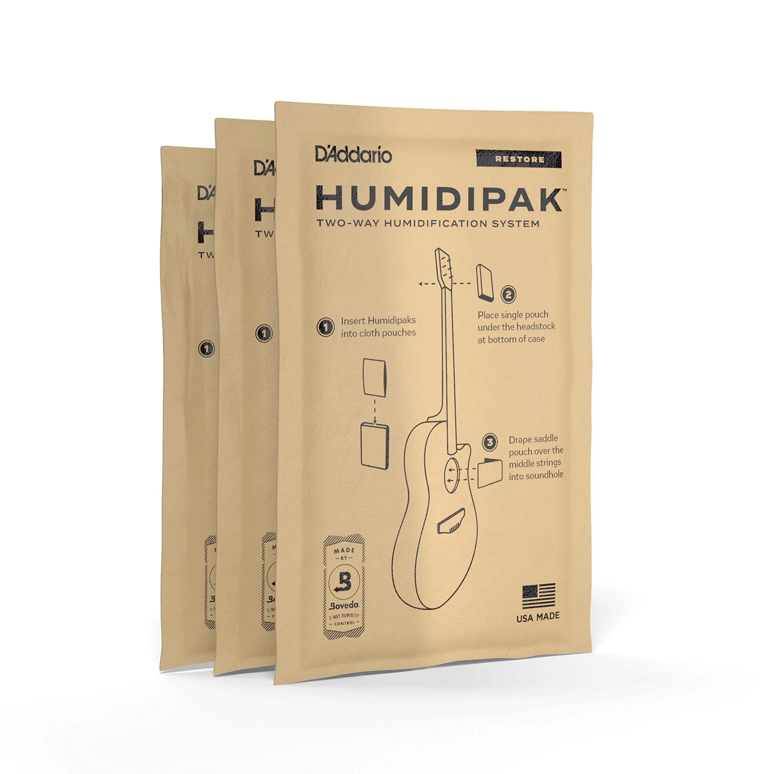 D'Addario Humidipak Guitar Restore Packets 3-Pack | Humidity Control for Dry Guitars & Cases