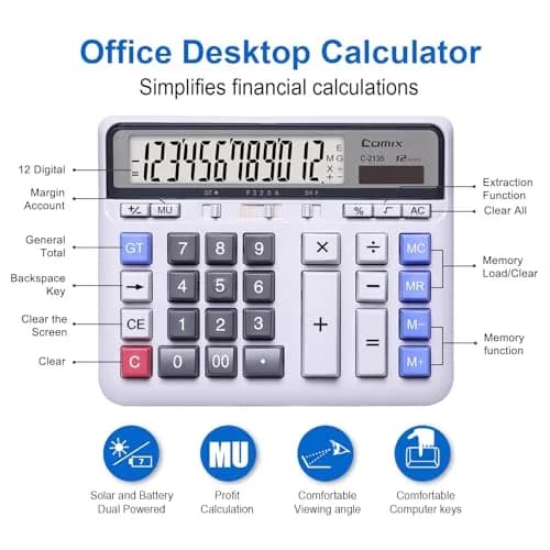 Comix Desktop Calculator 12 Digits White | Large Button, Clear LCD Display for Office & Home thumbnail 2