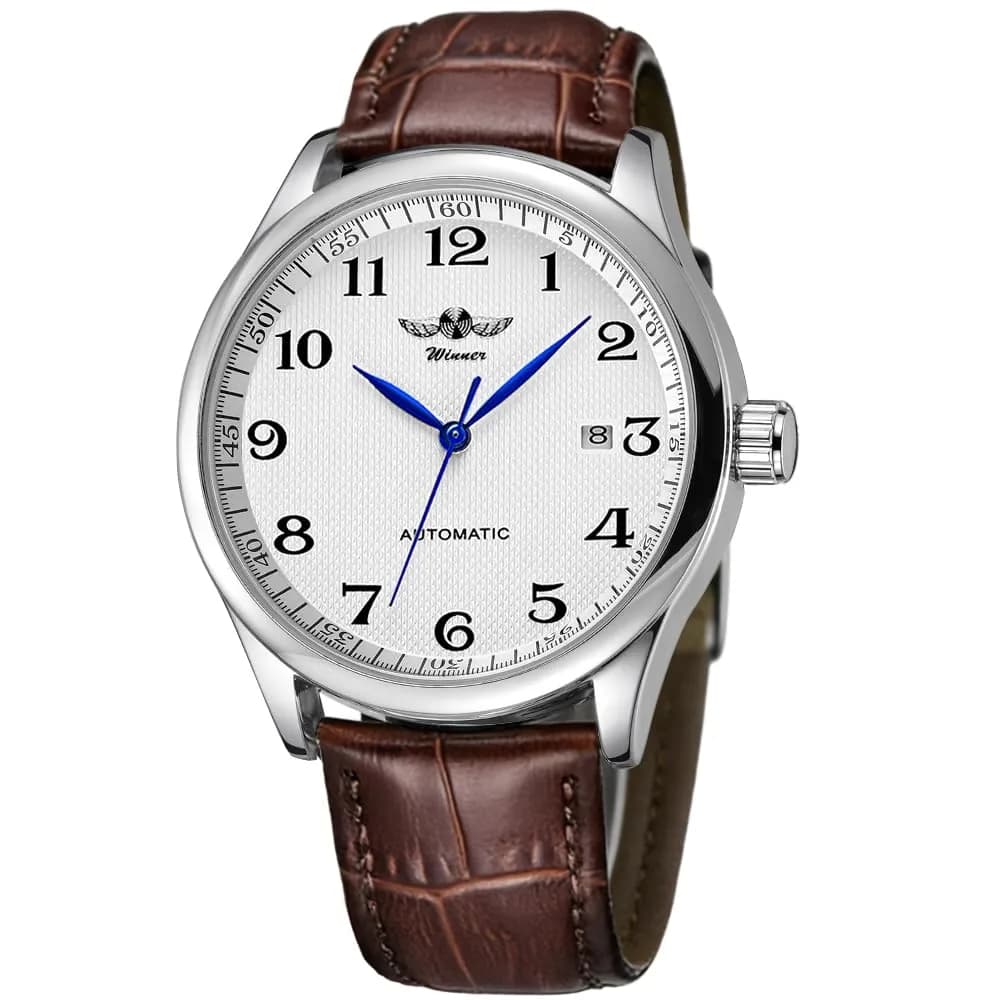 VIGOROSO Men's Automatic Mechanical Watch with White Dial & Brown Leather Strap | 40mm Case - main product image