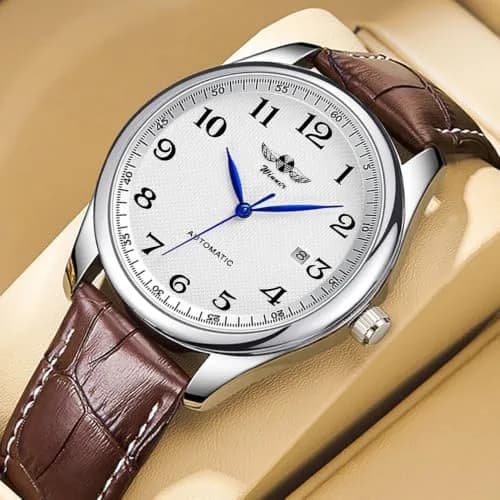 VIGOROSO Men's Automatic Mechanical Watch with White Dial & Brown Leather Strap | 40mm Case thumbnail 4