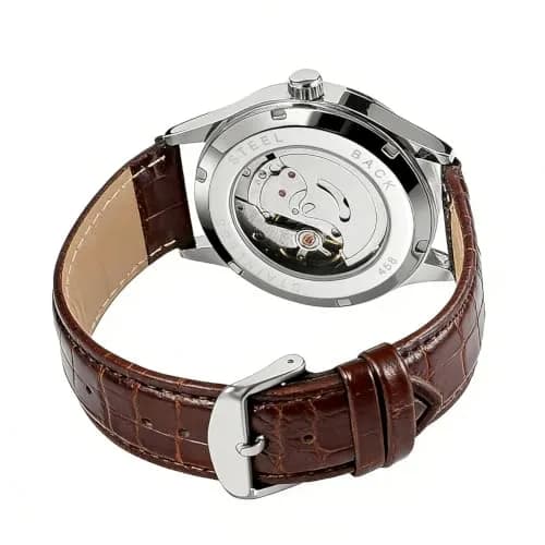 VIGOROSO Men's Automatic Mechanical Watch with White Dial & Brown Leather Strap | 40mm Case thumbnail 6