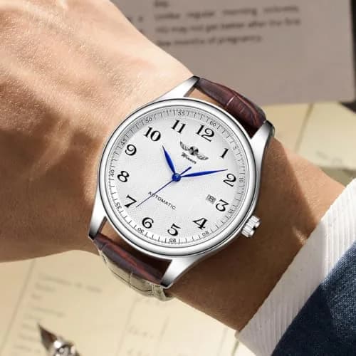 VIGOROSO Men's Automatic Mechanical Watch with White Dial & Brown Leather Strap | 40mm Case thumbnail 2