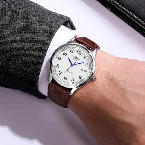 VIGOROSO Men's Automatic Mechanical Watch with White Dial & Brown Leather Strap | 40mm Case thumbnail 3
