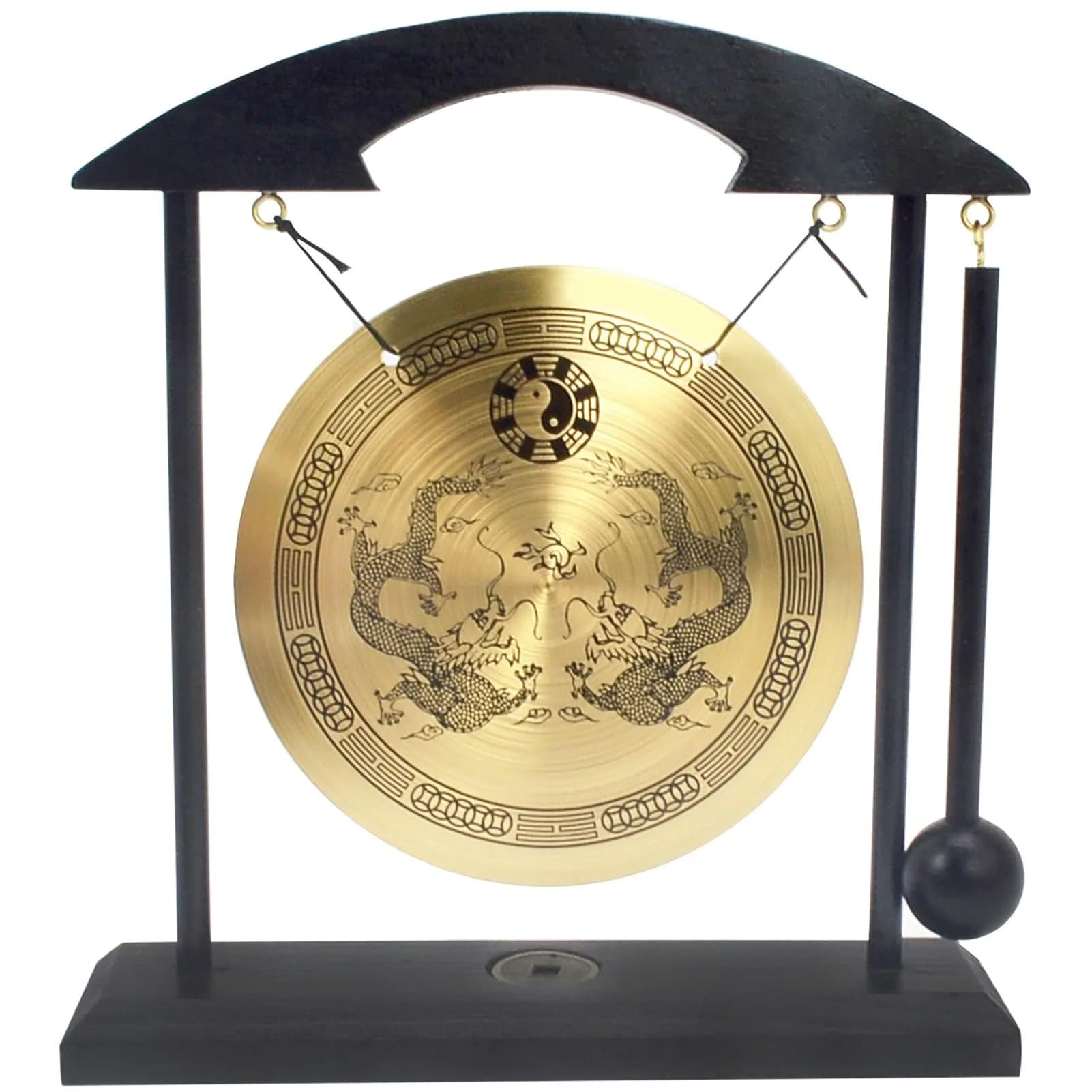 Feng Shui Brass Gong Desktop Zen Art with Wooden Stand & Red String Bracelet | 20cm (8in) Height — Black
