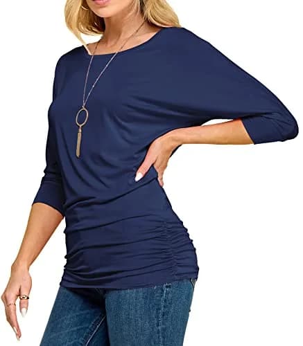 Made By Johnny Women's 3/4 Sleeve Dolman Top | Casual Loose Fit Tunic, Boat Neck, Side Shirring, Soft Stretch Navy thumbnail 1