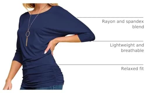 Made By Johnny Women's 3/4 Sleeve Dolman Top | Casual Loose Fit Tunic, Boat Neck, Side Shirring, Soft Stretch Navy thumbnail 4