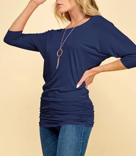 Made By Johnny Women's 3/4 Sleeve Dolman Top | Casual Loose Fit Tunic, Boat Neck, Side Shirring, Soft Stretch Navy thumbnail 6